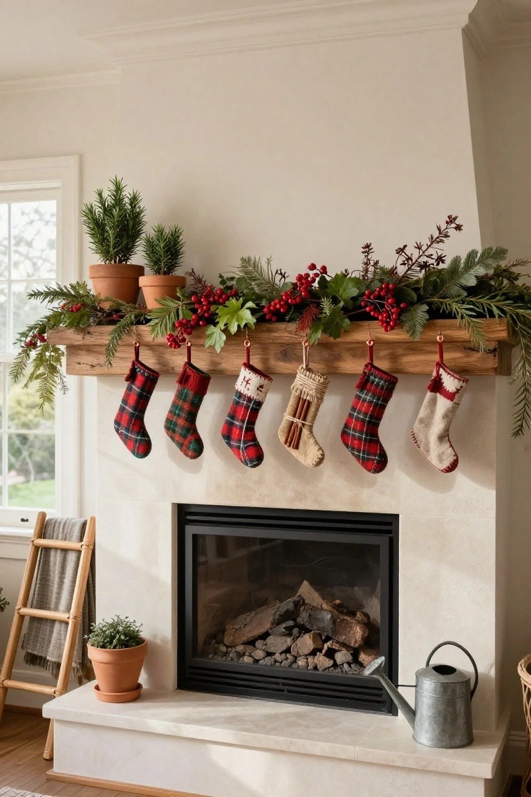 Rustic wood mantel above a stone fireplace decorated for Christmas with assorted plaid, knit, and textured stockings hanging from hooks, layered evergreen garland with red berries, and potted plants nearby in a light-filled living room.