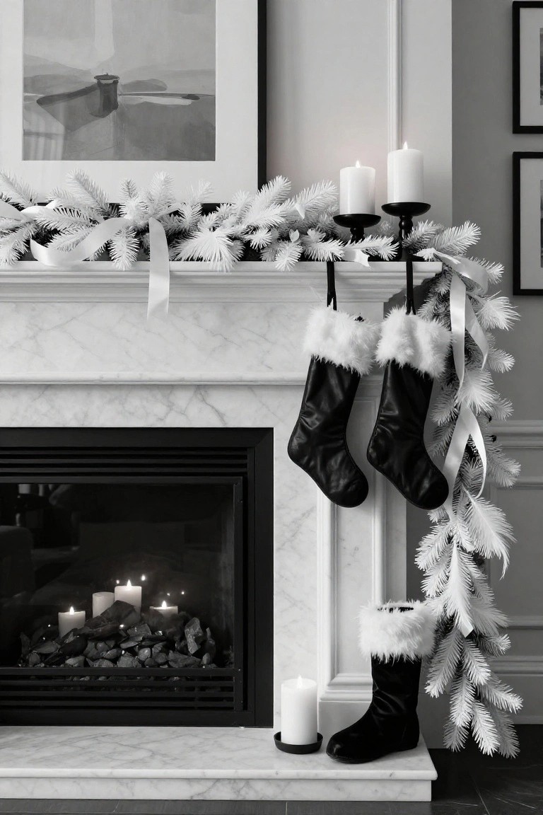 Black leather Christmas stockings with white fur trim hanging from hooks on a white marble fireplace mantel decorated with white garland, black candelabras holding white candles, and a fireplace with lit candles inside.