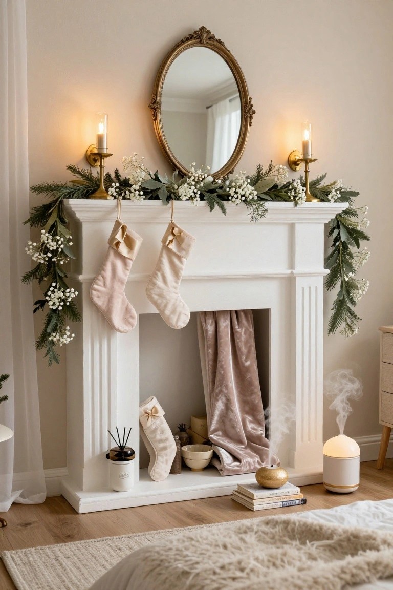 White fireplace mantel decorated for Christmas with two hanging blush pink stockings on a greenery garland accented by baby's breath, gold candelabras with candles on walls, reed diffuser and books on hearth, in a beige bedroom with bed and sheer curtains.