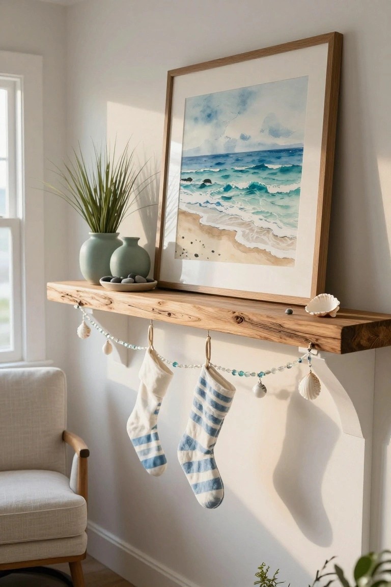 Cozy shelf with ocean artwork, green vases, and striped stockings hanging decoratively.
