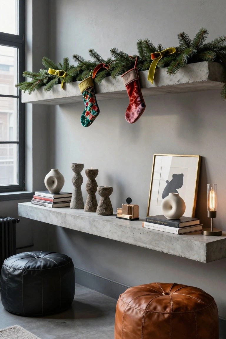 Concrete floating shelf decorated as a Christmas mantle with evergreen garland, colorful patterned stockings hanging from it, white textured ceramic vases and candles, books, a gold vintage toaster, framed abstract art, illuminated glass vase, and black and orange leather poufs on the floor below a window and radiator.