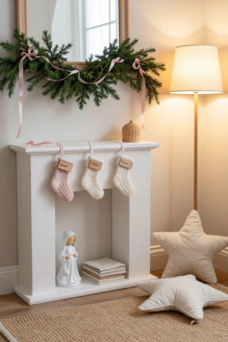White faux fireplace mantel holding three knitted stockings in pink and off-white with wood tags reading "Yasu," "Mama," and "Papa," evergreen garland draped on a wood-framed mirror, a nearby floor lamp, woven basket, star pillows on the floor, and a small white-robed figurine with books inside the mantel.