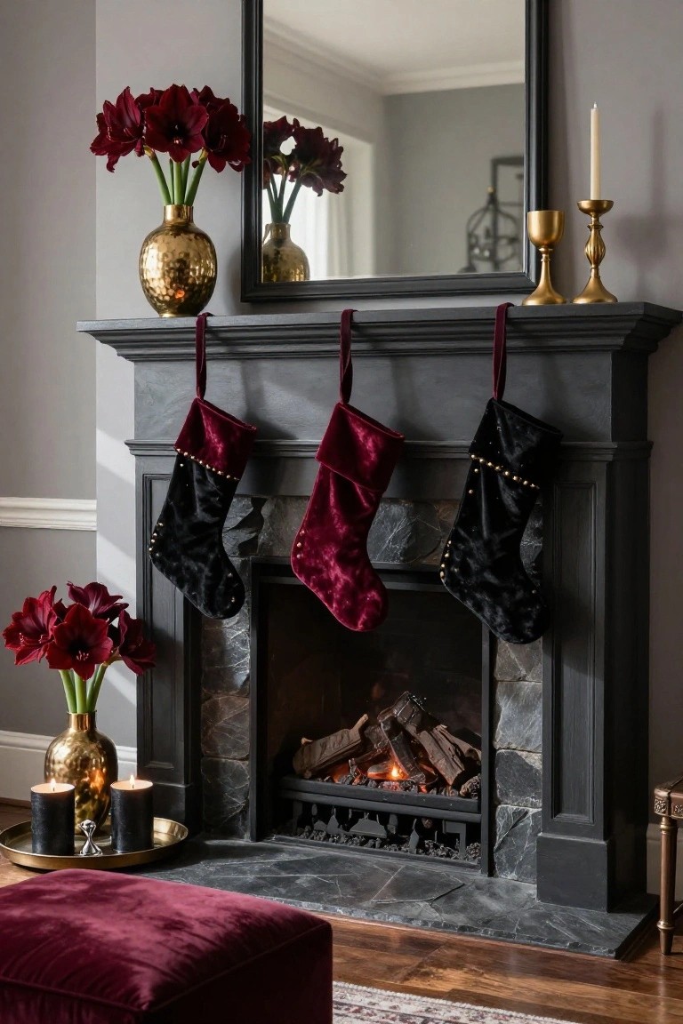 Dark wood fireplace mantel with three hanging velvet Christmas stockings in black with gold studs and burgundy velvet, flanked by gold vases of red amaryllis flowers, gold candlesticks, and a lit gas fire below, purple velvet stool in front.