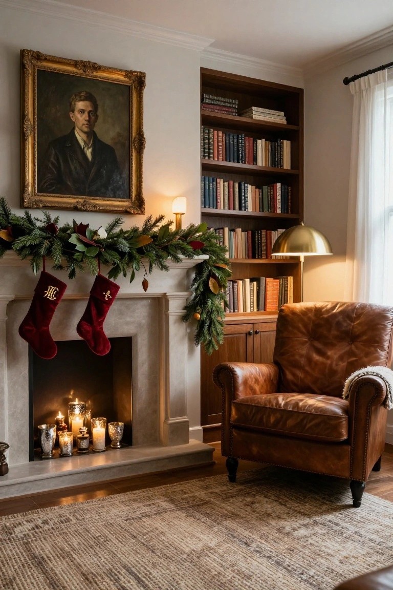 Cozy living room corner featuring a lit stone fireplace with Christmas evergreen garland draped along the mantle, two red velvet monogrammed stockings hanging from it, clustered mercury glass candles on the hearth, adjacent wood bookshelves, tan leather armchair, and gold-framed portrait of a man above the fireplace.