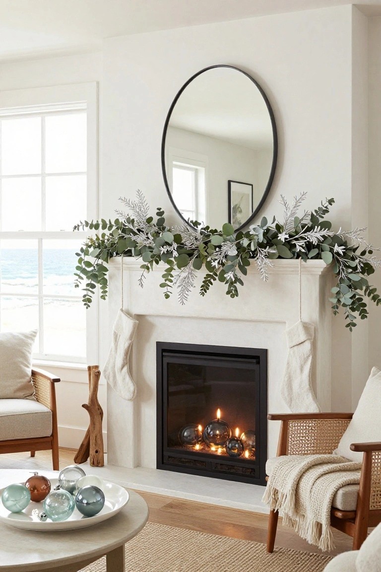 White fireplace mantel with green eucalyptus and silver foliage garland draped across it, two white stockings hanging from the sides, large round black mirror mounted above, gas fire burning inside, rattan chairs nearby, and ocean view through adjacent window.