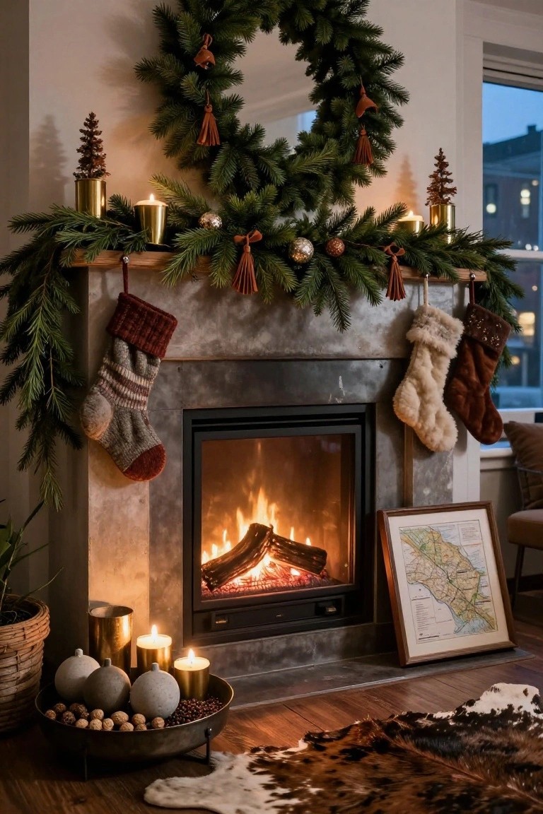 Close-up view of a stone fireplace mantel decorated with evergreen garland, knit and fur stockings, gold candle holders, ornaments, and small trees in a warmly lit living room.