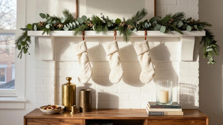 A cozy Christmas mantle featuring three cream stockings hung with copper clips, adorned with greenery and pinecones, set against a white brick wall.
