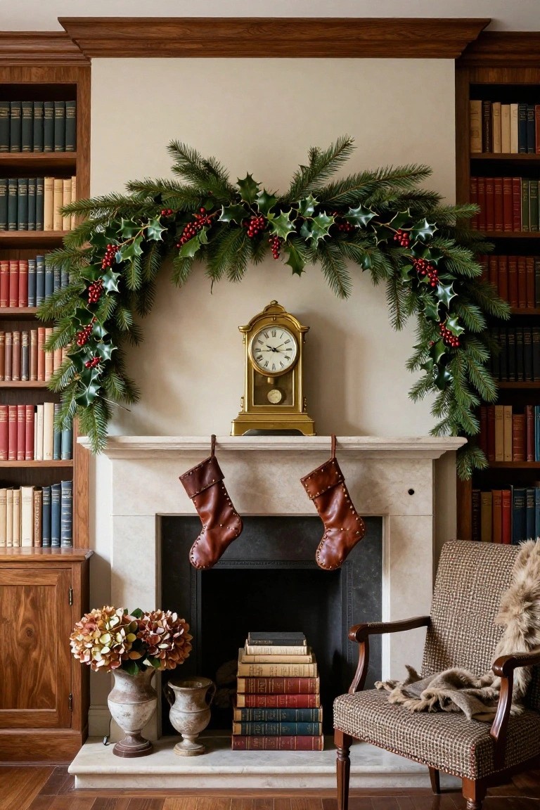 Wood-paneled library with bookshelves flanking a marble fireplace mantel decorated for Christmas with pine garland and holly berry arch over a gold clock, two brown studded leather stockings hanging from the mantel, potted hydrangeas on the hearth, and an upholstered armchair nearby.