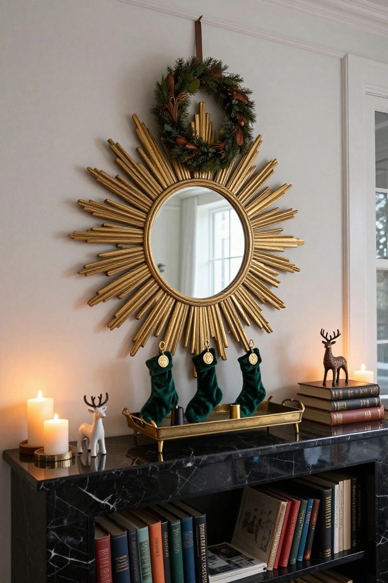 Gold sunburst mirror with evergreen wreath hung above black marble mantel displaying green velvet stockings on brass tray, white and brass deer figurines, candles, and stacked books on shelves below