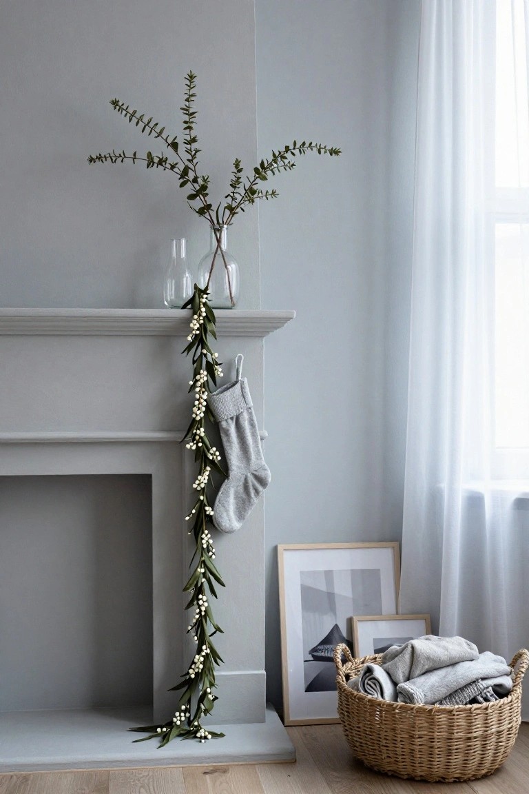 Gray interior room featuring a white fireplace mantel with green eucalyptus garland draped down one side, white berries and fairy lights on the garland, a gray knit stocking hanging from it, glass vases with branches above, framed photos on a side table, and a wicker basket holding folded gray blankets on the floor.