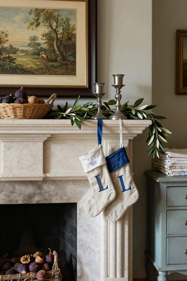 White marble fireplace mantel decorated for Christmas with two linen stockings monogrammed with blue Ls hanging from blue ribbons, olive branches draped across, baskets of figs and dried flowers, silver candlesticks, and a landscape painting above.