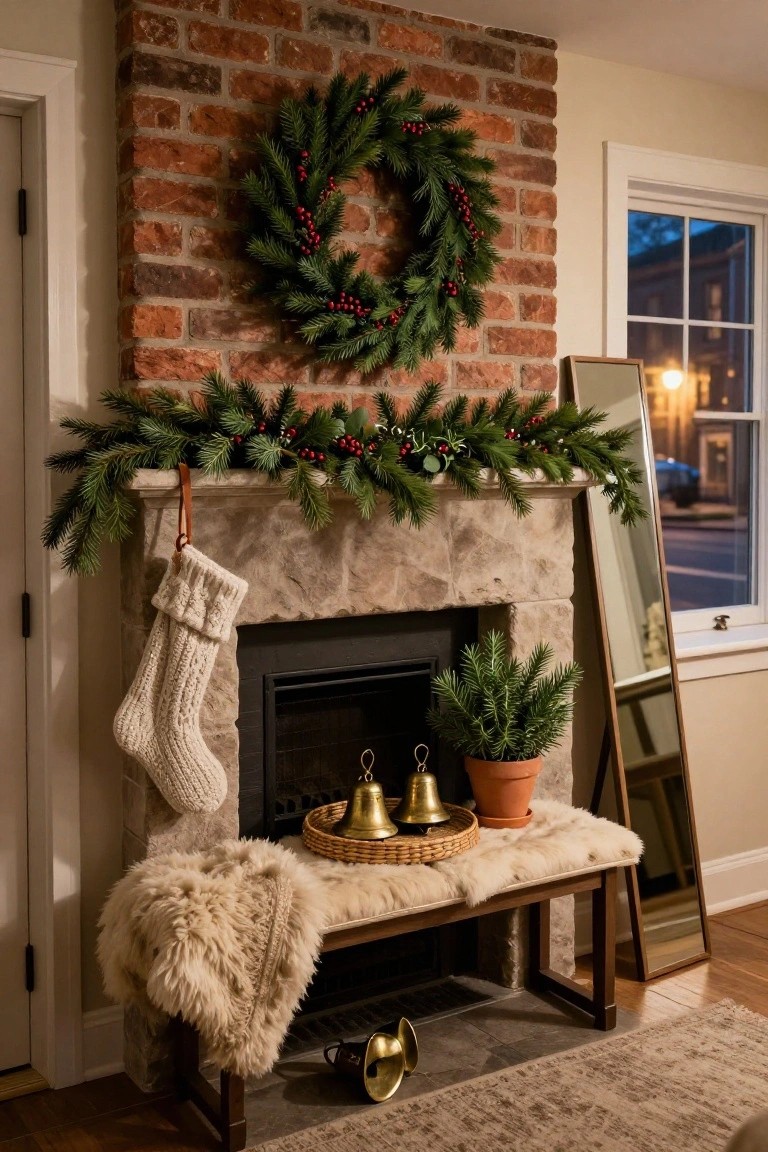 Brick fireplace mantel decorated for Christmas with evergreen garland draped across the top, red berries, holly leaves, a wreath hung above, white knit stockings hanging from a leather strap, brass bells on a woven tray, a potted plant, and a fur-covered wooden bench in front.