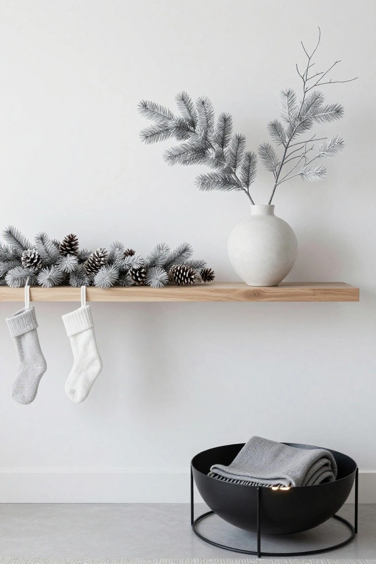 Wooden shelf with festive decor, two hanging socks, and a black bowl with a blanket.