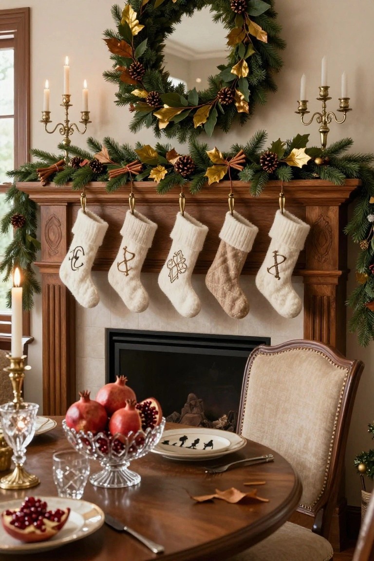 Cozy holiday scene with stockings, a wreath, candles, and a pomegranate centerpiece.