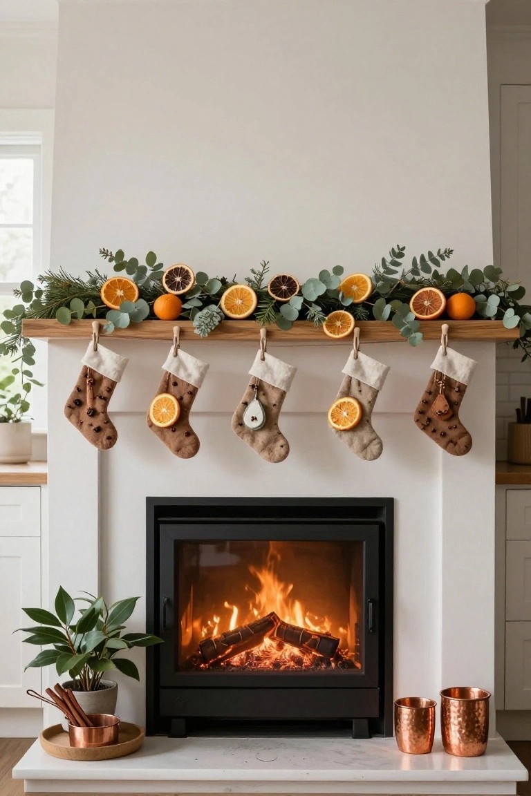 Wooden shelf above a fireplace mantel holding a garland of eucalyptus leaves and oranges, with neutral fabric stockings hanging from hooks below, fire burning in the hearth, potted plant and copper containers on the stone hearth.