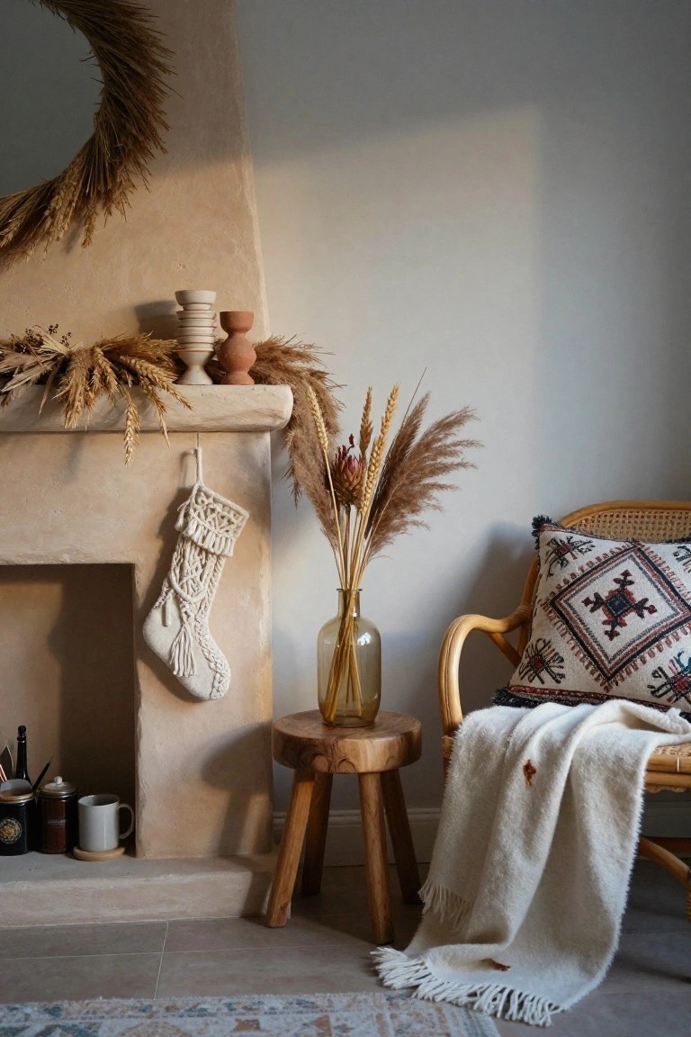Beige stucco fireplace mantel decorated with dried wheat sheaves, pampas grass in a green glass vase, terracotta pots, white macrame Christmas stocking, and candles, beside a wooden stool and rattan armchair with white throw blanket.