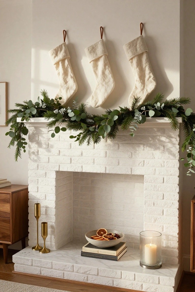Three cream stockings hang over a white brick fireplace adorned with greenery and candles.