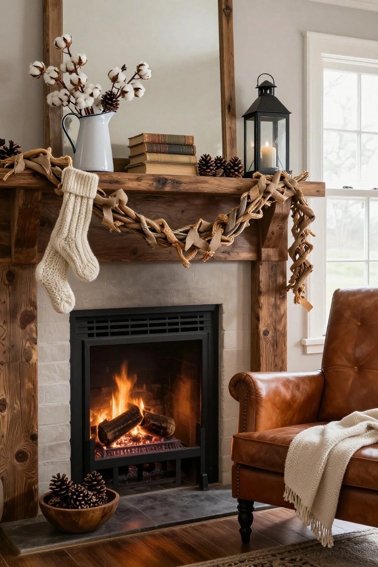 Rustic wooden mantel above a lit fireplace decorated with white knit Christmas stockings on a driftwood garland, cotton bolls in a white pitcher, pinecones in a wooden bowl, old books, and a black lantern, beside a brown leather armchair with a white throw.