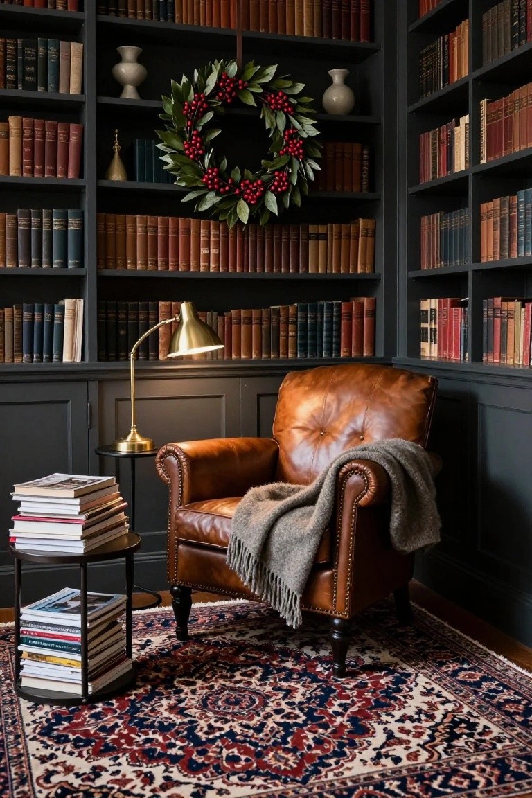 Christmas Wreath on Bookshelves