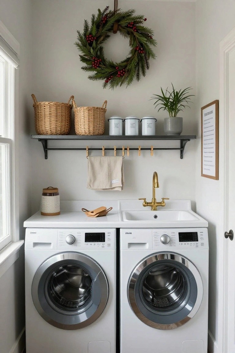 White laundry room featuring two white front-loading washers, white utility sink with gold faucet, black metal shelf holding wicker baskets and white canisters, beige towel on hook, brown jar on counter, Christmas wreath on wall above sink, potted plant on shelf, and wooden sign.