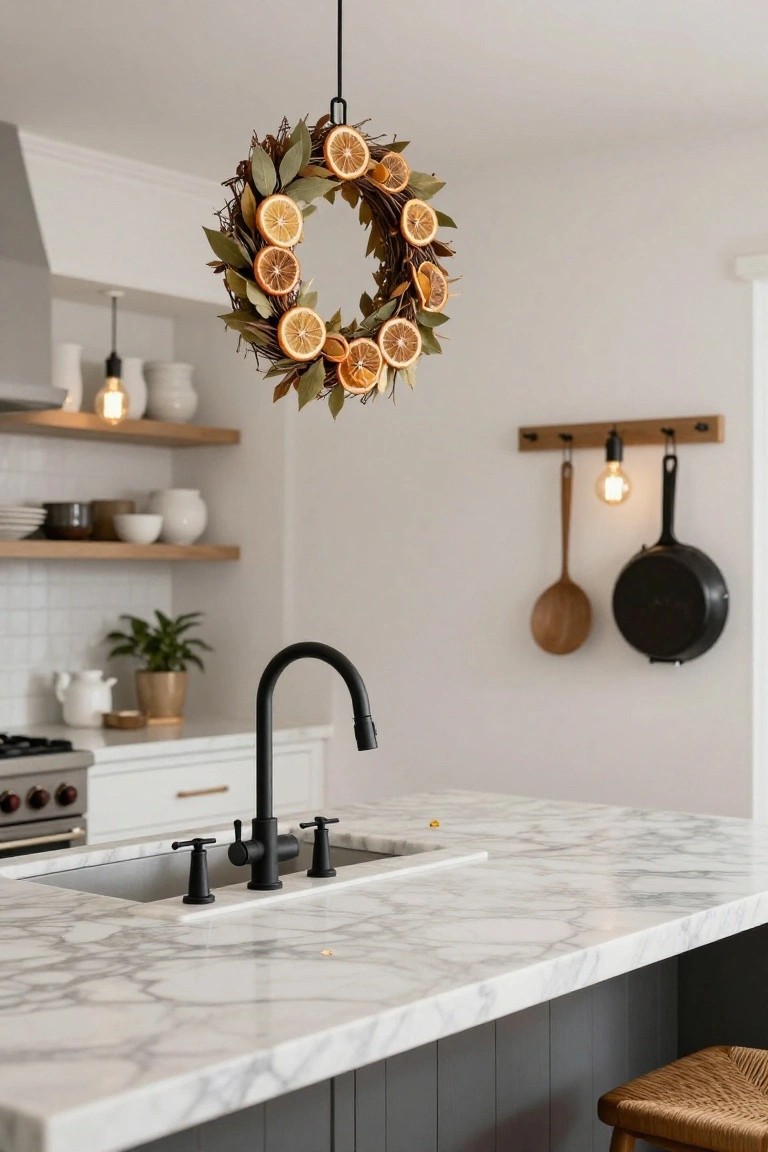 A wreath of dried orange slices and bay leaves hangs from the ceiling above a kitchen sink with black faucet, white marble countertop, and navy lower cabinets.