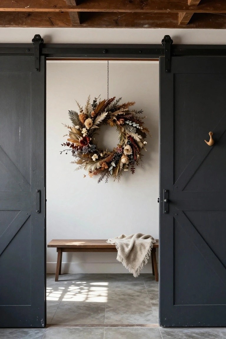 Open black sliding barn doors with a large wreath of dried grasses, pampas, and flowers in neutral tones hanging between them on a white wall above a wooden bench draped with a cream throw in a room with beamed ceiling and tiled floor.