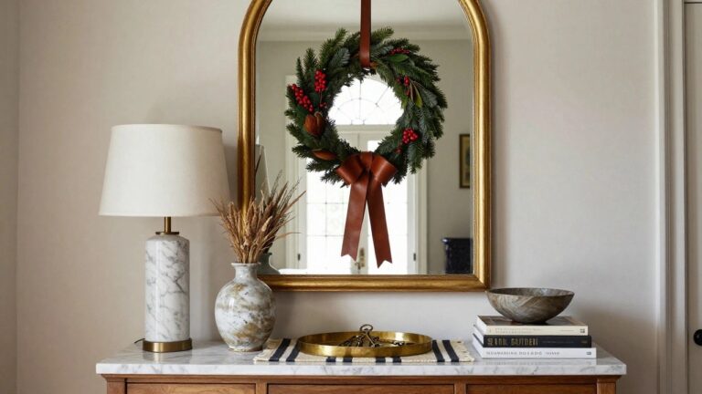 Gold arched mirror hanging on a beige wall with a lush Christmas wreath of fir, magnolia leaves, berries, and a red ribbon bow, above a wooden console table holding a lamp, books, bowl, tray with keys, and dried wheat in a vase.