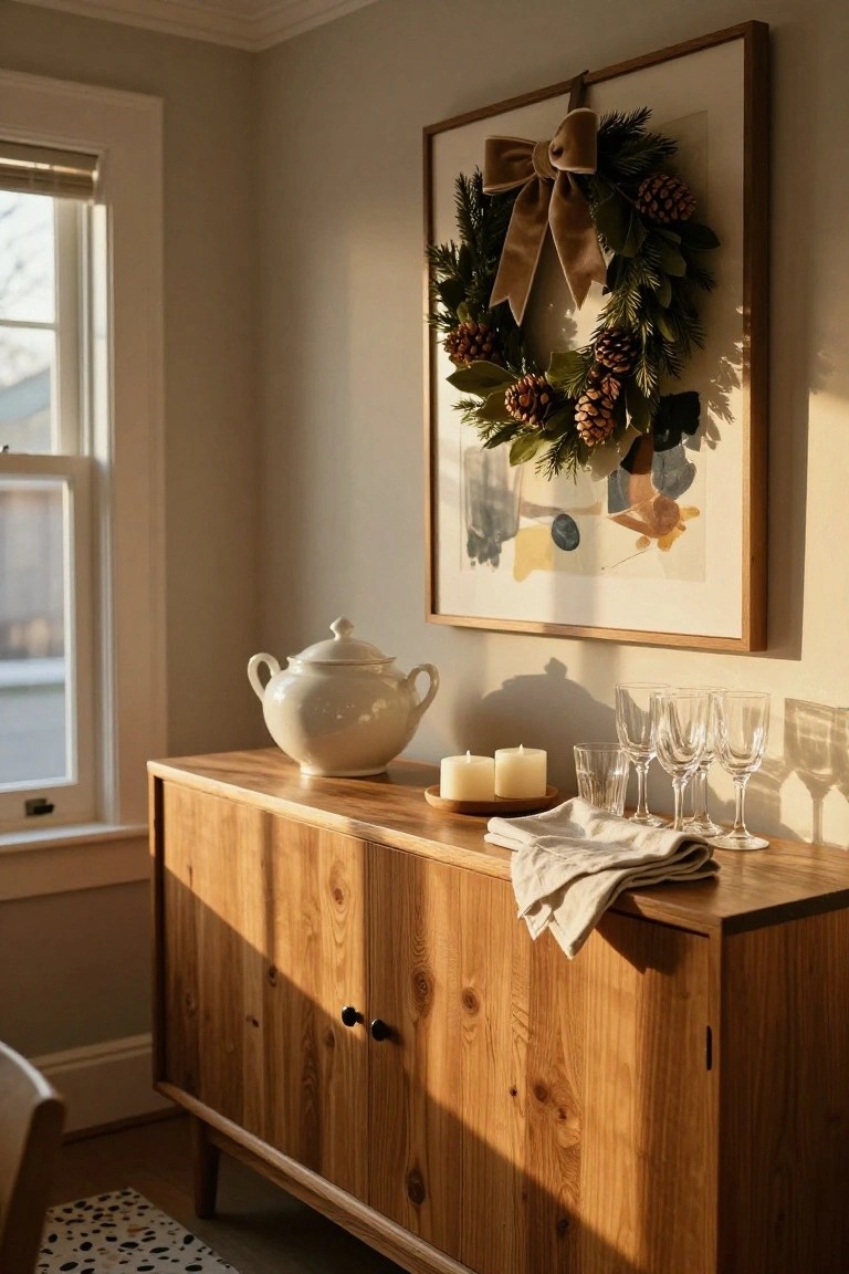 A Christmas wreath with green boughs, pinecones, and beige velvet bow displayed inside a wooden frame on a light gray interior wall above a wooden credenza topped with a white teapot, beige candle, wine glasses, and linen napkin.