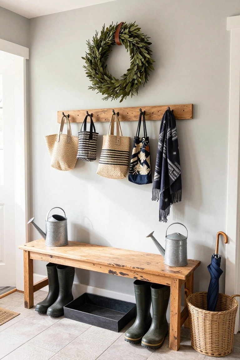 Light gray entryway wall with large green leafy wreath, wooden hook rack holding straw and fabric bags plus dark scarf, wooden bench with green rubber boots, black drip tray, two metal watering cans, wicker basket holding blue umbrella.