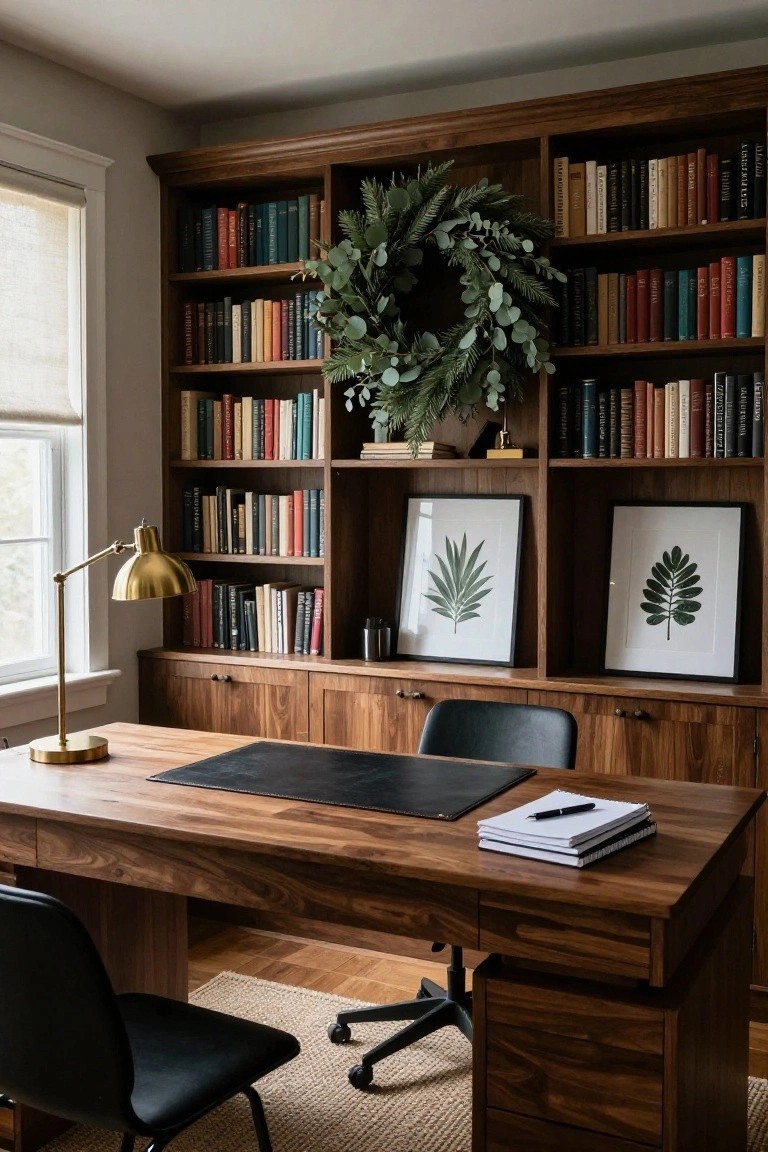 Greenery Wreath on Bookshelves