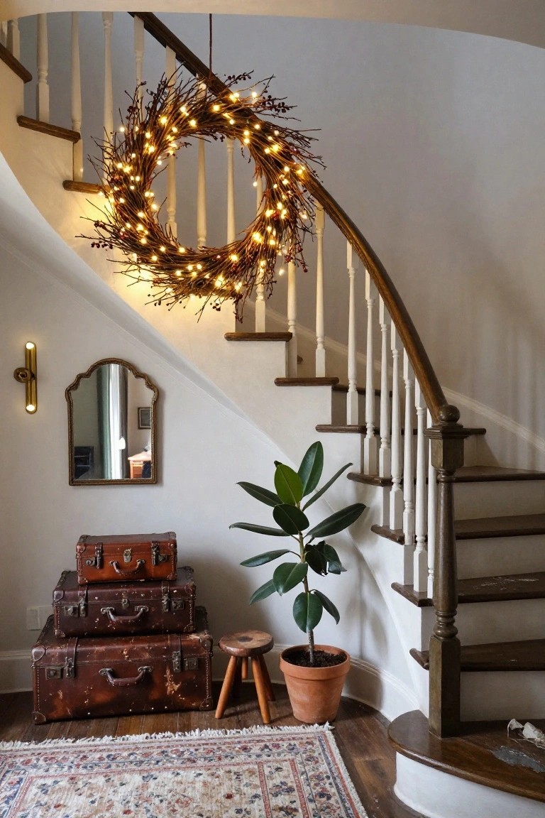 A large lighted twig wreath with berries hangs above a curved wooden staircase in a white-walled entryway featuring stacked vintage leather suitcases, a potted rubber plant in a terracotta pot, a small wooden stool, a wall mirror, and a patterned rug on the wood floor.