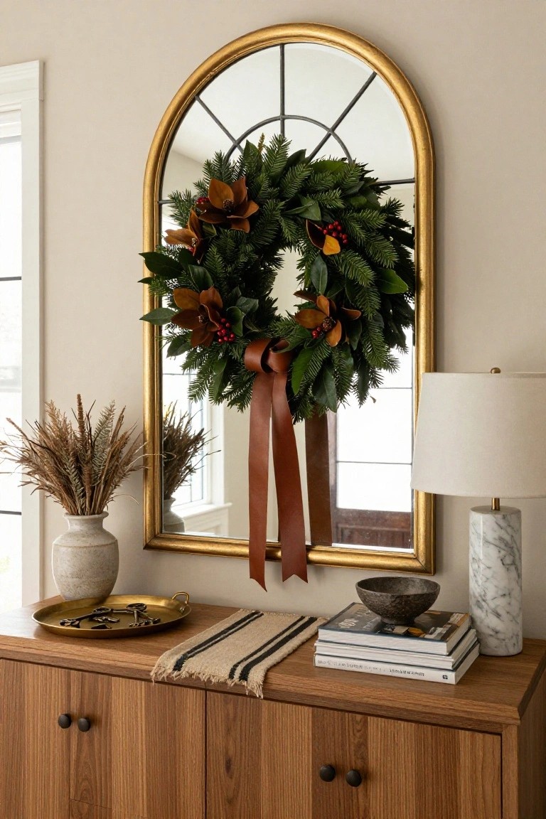 Gold arched mirror hanging on a beige wall with a lush Christmas wreath of fir, magnolia leaves, berries, and a red ribbon bow, above a wooden console table holding a lamp, books, bowl, tray with keys, and dried wheat in a vase.