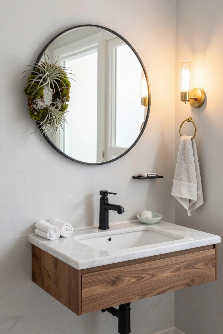 Round black-framed mirror with preserved moss and air plant wreath hanging on it above a floating walnut vanity with white marble sink, black faucet, folded white towels, gold sconce and towel ring in a light gray bathroom.