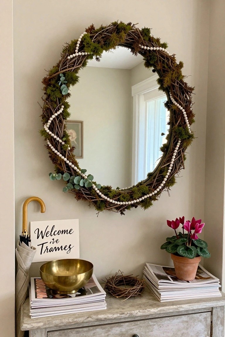 Round mirror framed by moss-covered twigs, white pearl strands, and eucalyptus sprigs, hung above a distressed white console table holding magazines, a brass bowl, woven nest, potted pink cyclamen, and a welcome sign next to a gold umbrella stand against a beige wall.