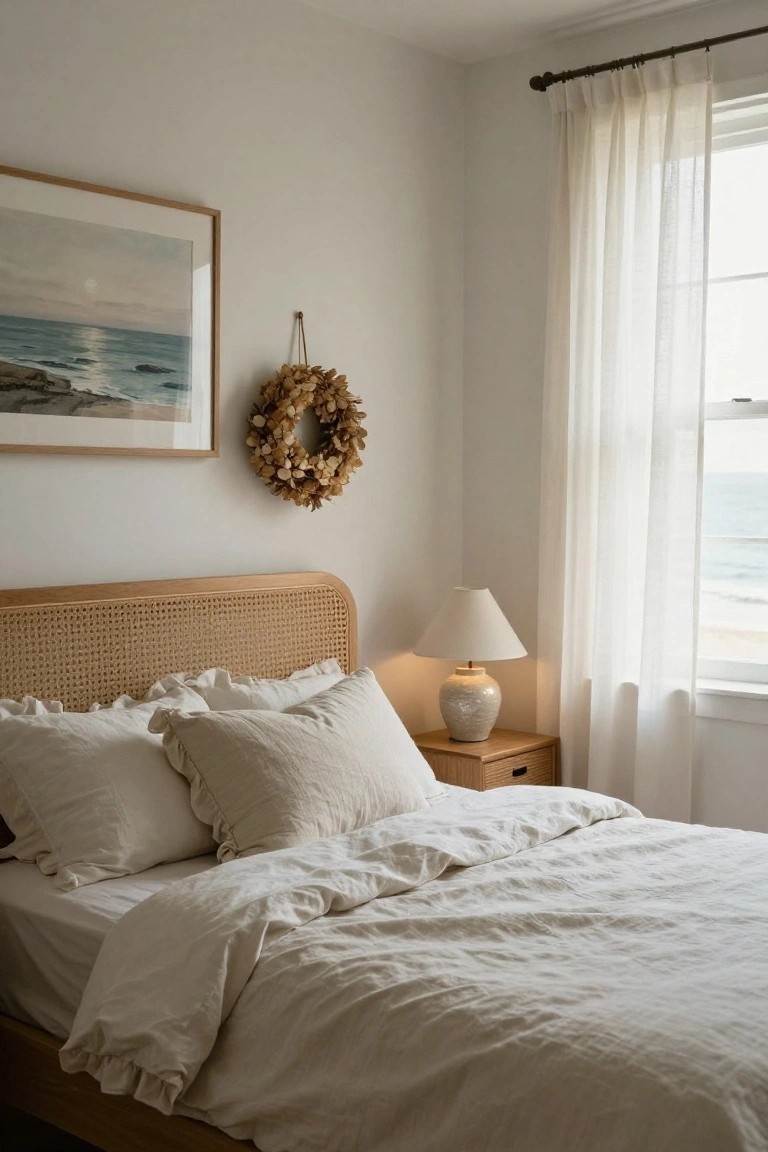 Bedroom interior featuring a rattan bed frame with white linen bedding and pillows, a ceramic lamp on a wooden nightstand, sheer curtains on a window with ocean view, a framed seascape painting, and a wreath of dried leaves hanging on the wall.