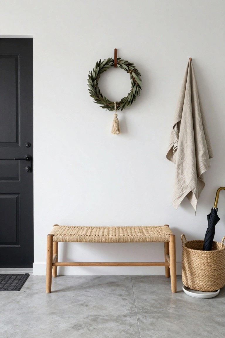 Minimalist indoor entryway featuring a black door, white wall with olive leaf wreath on leather hanger and tassel, beige linen towel on hook, rattan bench, and wicker basket holding black umbrella on concrete floor.