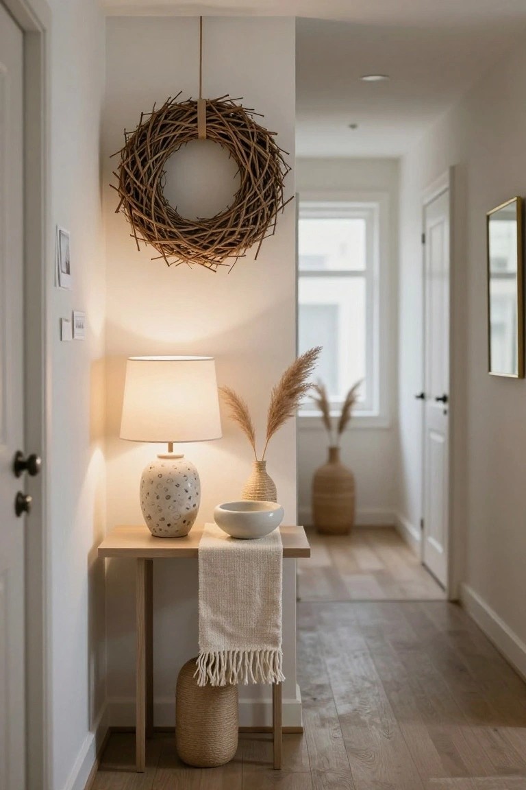 A circular wreath made of woven twigs hangs on a white wall above a light wooden console table with a ceramic lamp, white bowl, vases, and pampas grass stalks in a white hallway with doors, mirror, and light wood flooring.