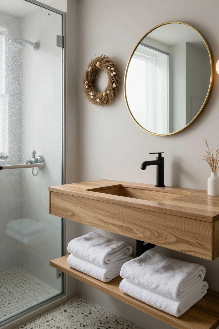 Modern bathroom with glass shower enclosure, floating oak vanity and black matte faucet, round gold mirror on light gray wall, dried wheat and seashell wreath beside mirror, potted grass and white towels on shelf, terrazzo tile floor.