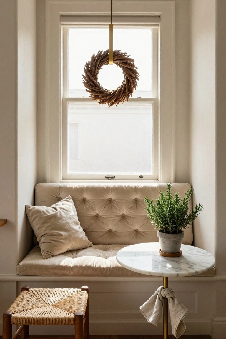 Beige tufted window seat bench with white cushions, marble pedestal table with potted rosemary plant, rattan stool with linen ties on brass legs, and dried wheat wreath hanging on white interior window in neutral room.