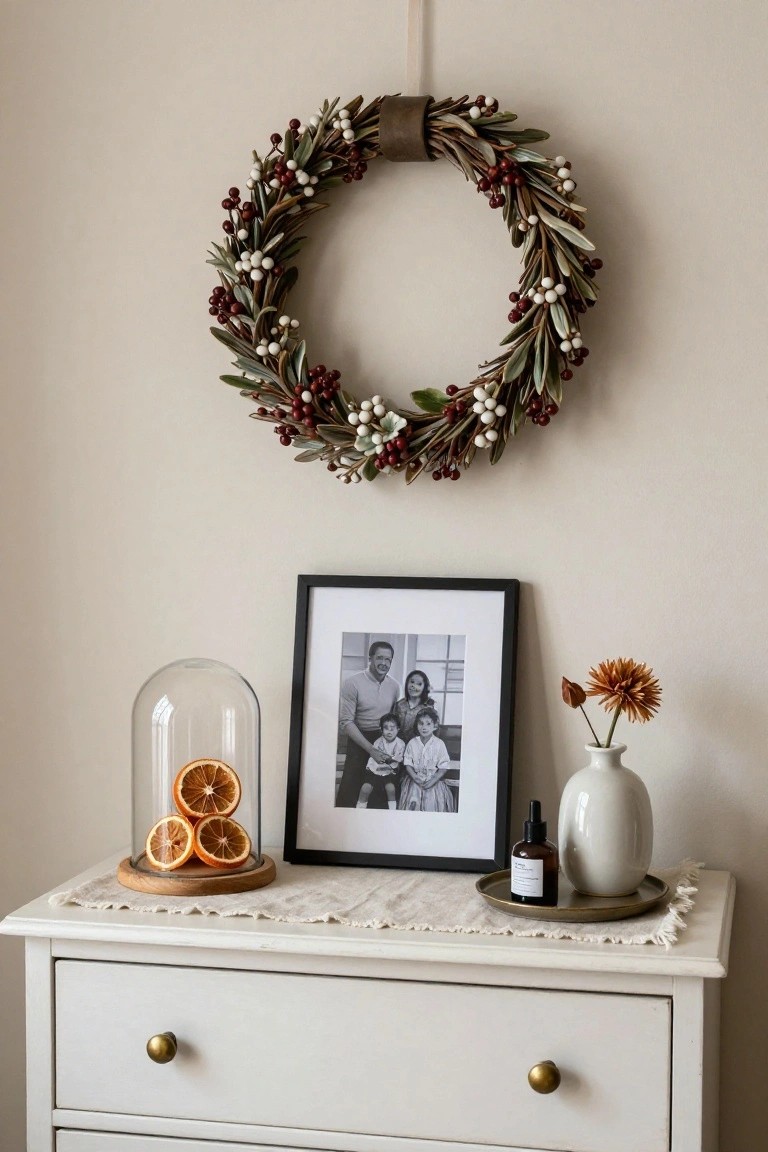 A wreath of olive leaves and red and white berries hangs on a light beige wall above a white dresser with brass knobs, topped by a glass dome containing dried oranges on a wooden base, a black-framed family photo, a white vase with a dried flower, a small brown glass bottle, and a brass tray on a fringed linen runner.