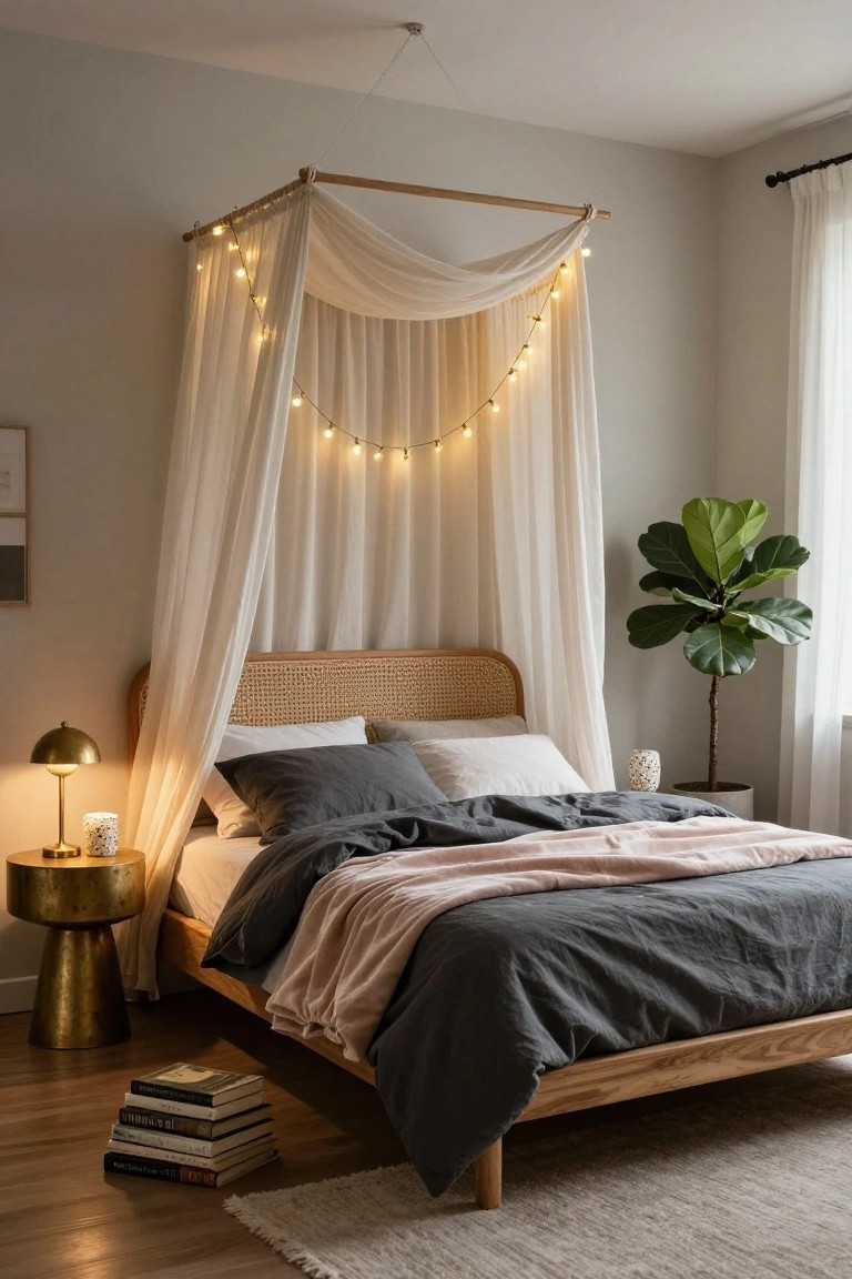 A bedroom with a rattan headboard bed under a wooden canopy frame draped in sheer white fabric and gold string lights, gray and pink bedding, gold side table with lamp, stack of books on floor, and fiddle leaf fig plant nearby.