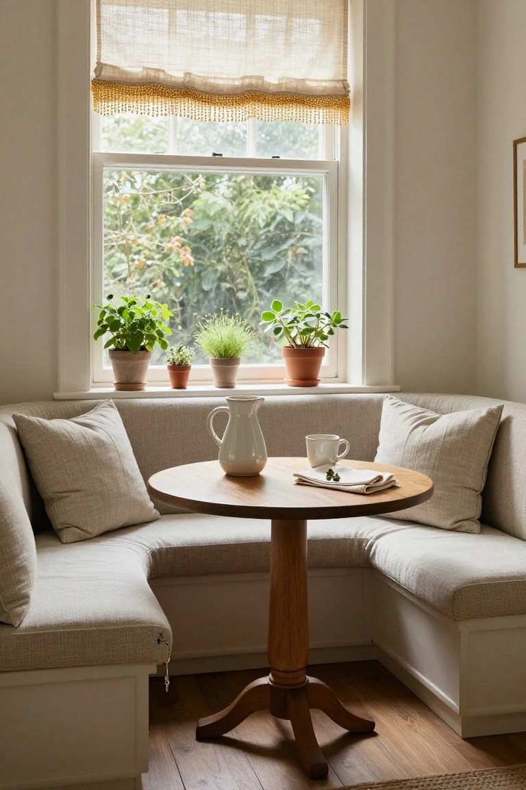 Corner booth with beige cushions and round wooden table holding a white pitcher and cup, plants in terracotta pots on windowsill, beige curtains with gold bead trim at window overlooking greenery.