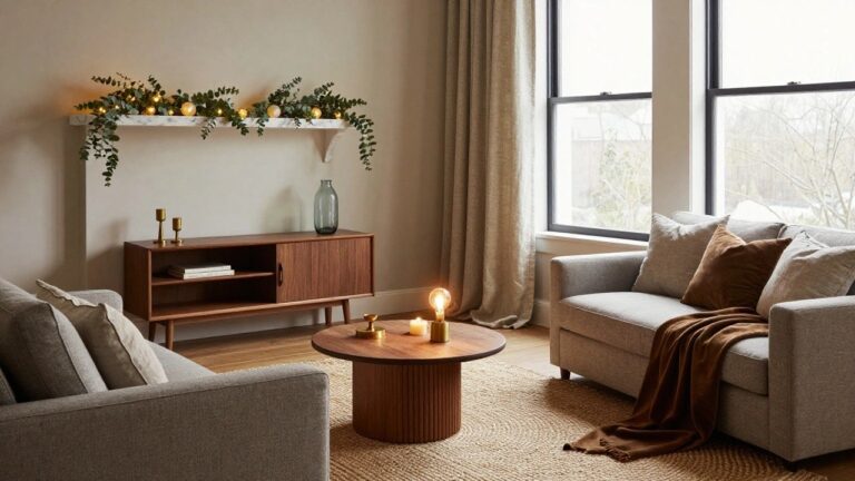 A living room corner featuring a light gray sofa, marble fireplace with eucalyptus garland and gold string lights draped over the mantel, wooden side tables, candles, and beige rug on hardwood floors.
