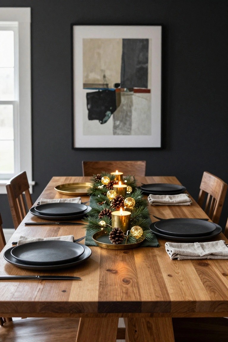 Close-up view of a wooden dining table set for Christmas with black plates on gold chargers, an evergreen garland runner with gold candle holders, pinecones, and metallic ornaments, flanked by wooden chairs in a dark-walled room with abstract wall art.