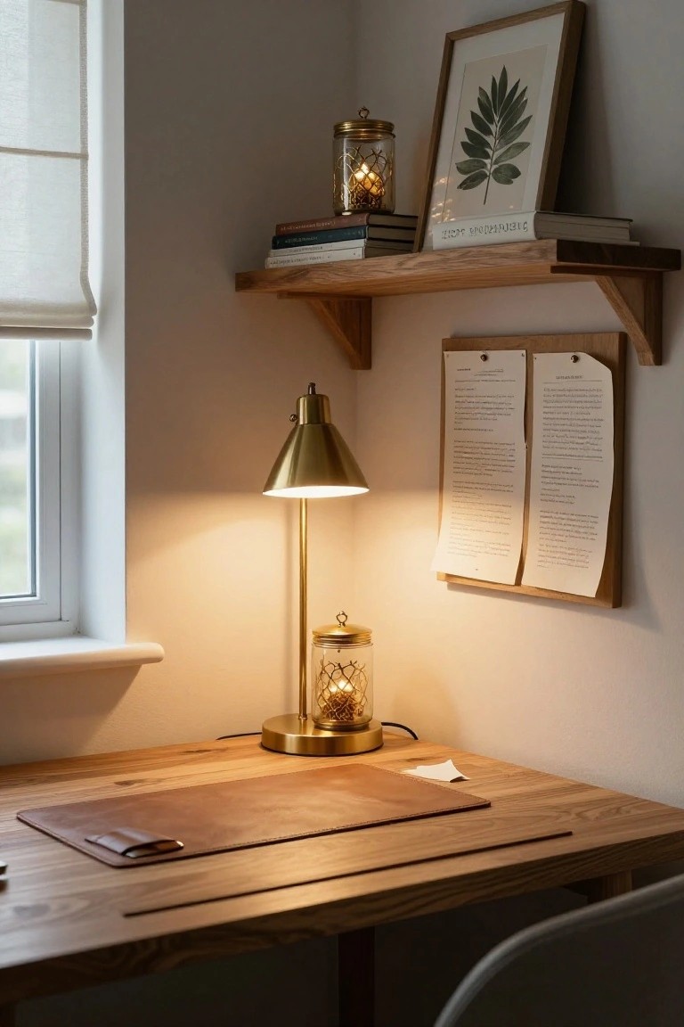 Wooden desk with brown leather desk pad in a warmly lit room corner, featuring a brass lamp, glass jars with fairy lights, wooden shelves holding books and jars, and pinned papers on a wooden board beside a window with sheer curtain.