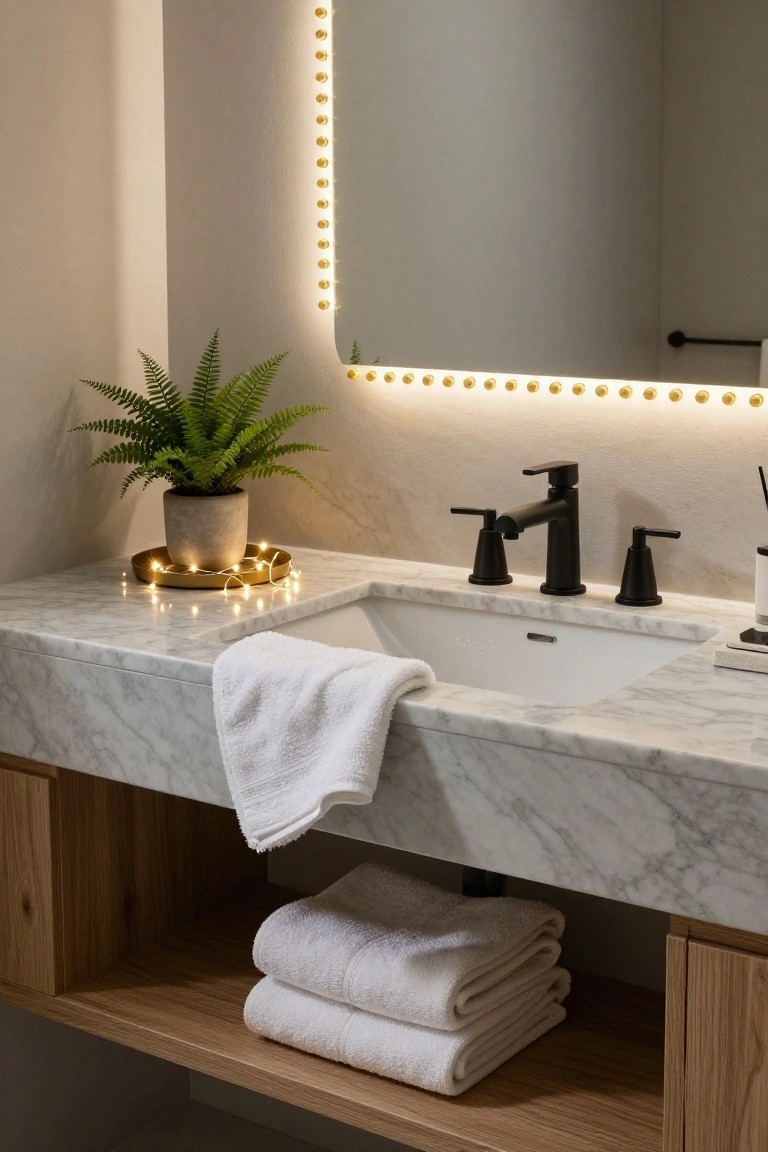 Modern bathroom vanity featuring a white marble countertop, undermount sink with black faucet, gold fairy lights outlining the mirror and circling a potted fern on a gold tray, folded white towels on the counter and in wooden cabinets below.