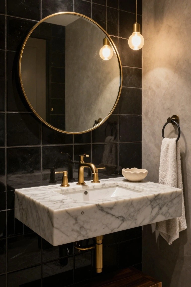 Modern bathroom vanity with white marble countertop and sink, gold faucets, large round gold-framed mirror, black subway tiles on walls, gold towel ring with white towel, two hanging gold pendant lights, and wood stool below.
