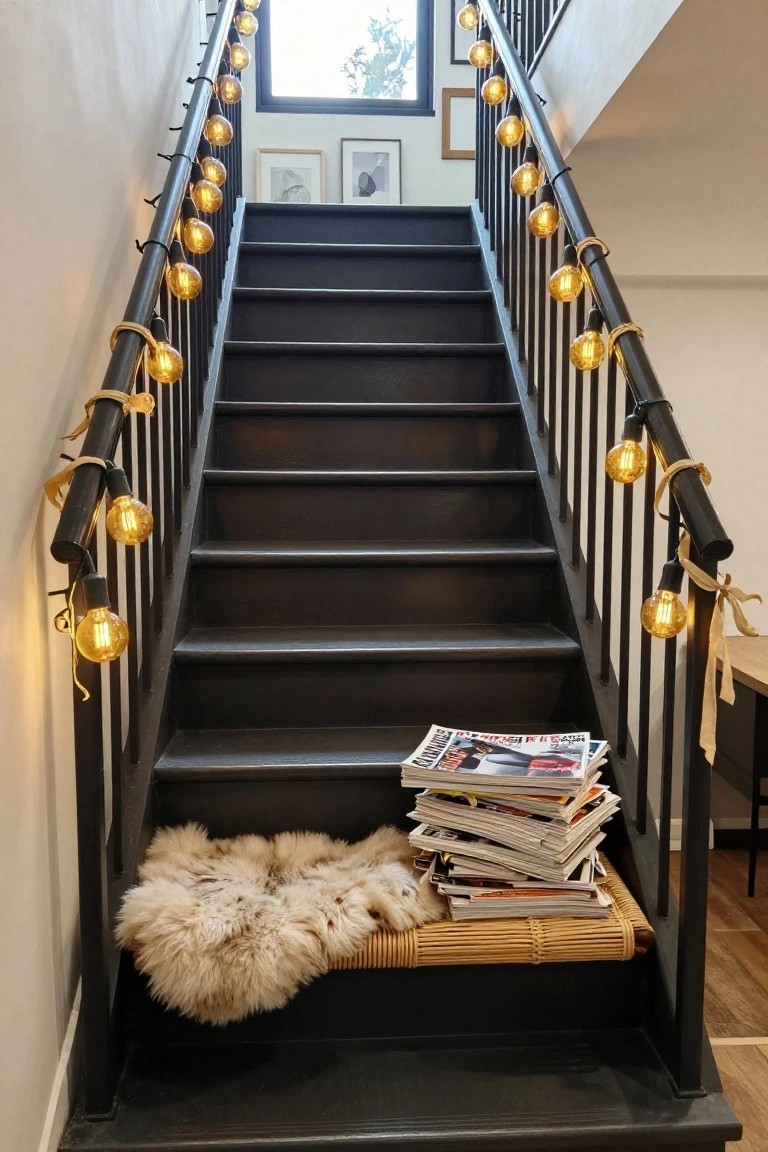 Black metal staircase railing wrapped in gold string lights with Edison bulbs, fluffy white sheepskin rug on a wicker bench at the bottom holding a stack of magazines, white walls, framed artwork, and a large window nearby.