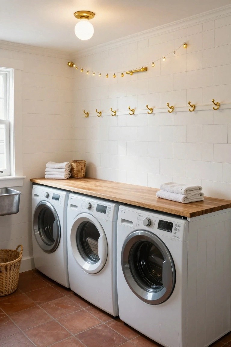 White laundry room with three washer-dryer pairs under a wooden countertop and sink, white subway tile walls with gold string lights strung above brass hooks, folded white towels, wicker baskets, and terracotta tile floor.