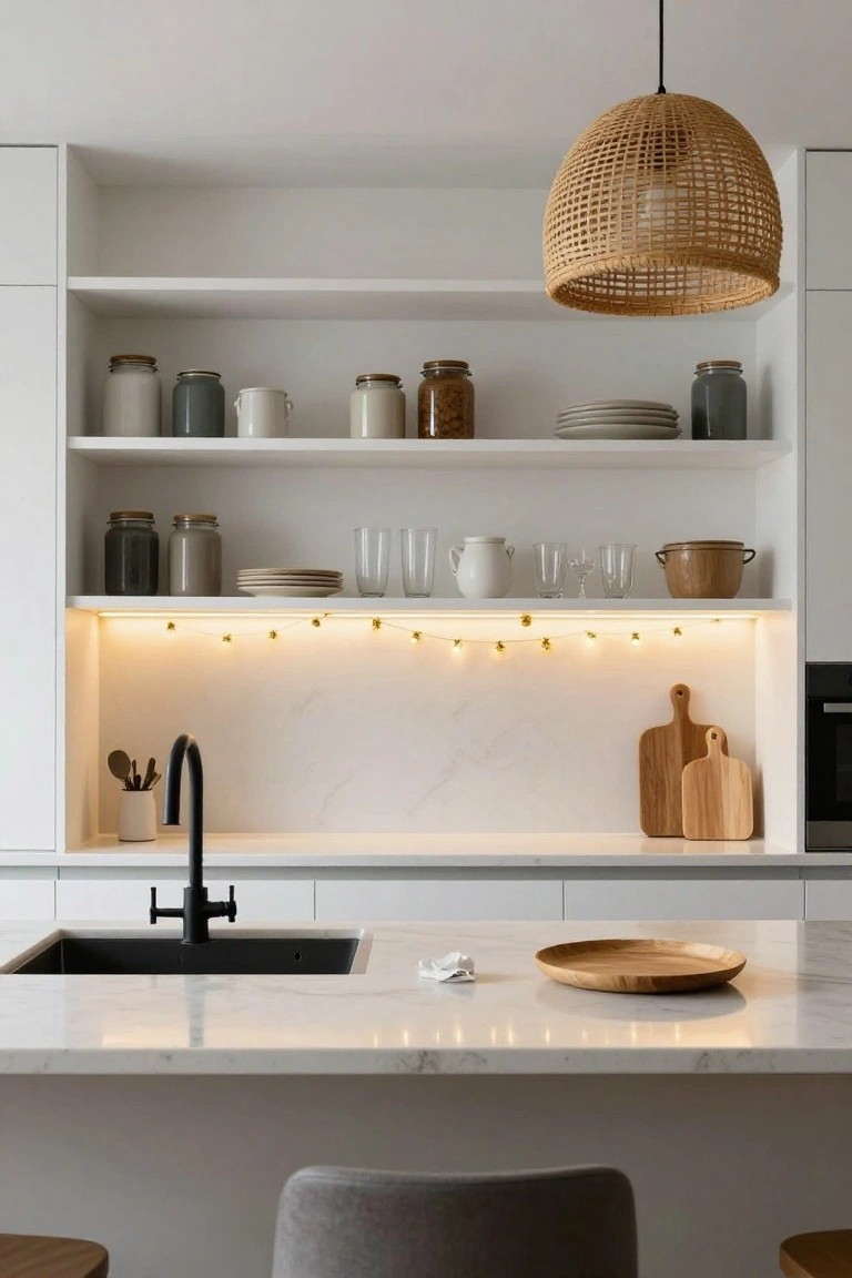 Modern white kitchen with open shelves holding jars, dishes, and ceramics, rattan pendant light overhead, black faucet and sink, wooden cutting boards on counter, and string of small gold star lights under upper cabinets along white backsplash.
